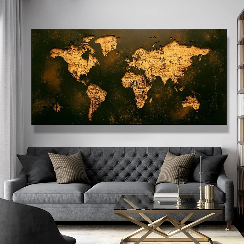 Minimalist Black Gold World Map Canvas Paintings World Image Print Poster Modern Scandinavian Wall Art Living Room Home Decor