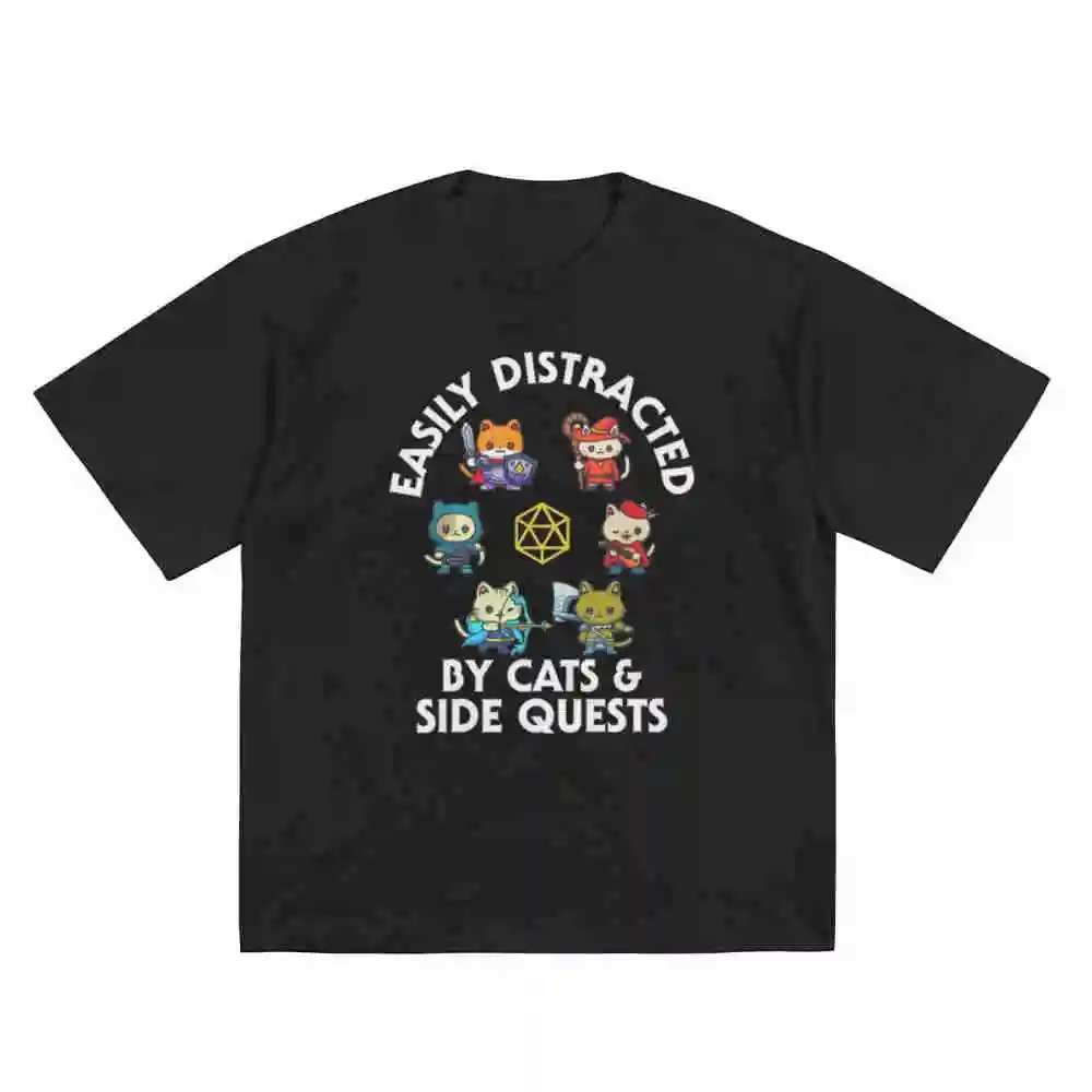 Easily Distracted By Cats Side Quests D20 Dice Short Sleeve Tee 100% Cotton T-Shirt