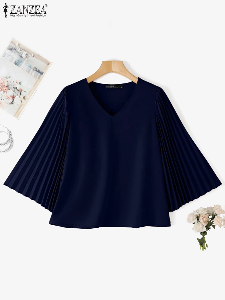 ZANZEA Women Blouses 2025 Summer 3/4 Sleeve Pleated Shirts Solid Color Sexy V-Neck Casual Loose Tunic Tops Fashion Elegant Blusa