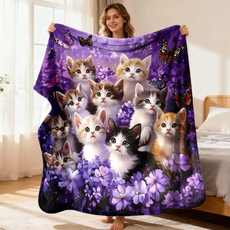 Purple Flower Cats Flannel Blanket Cute Kitten Butterfly Fleece Blanket Soft Warm Cozy Throw Blankets For Girls Bed Bedroom