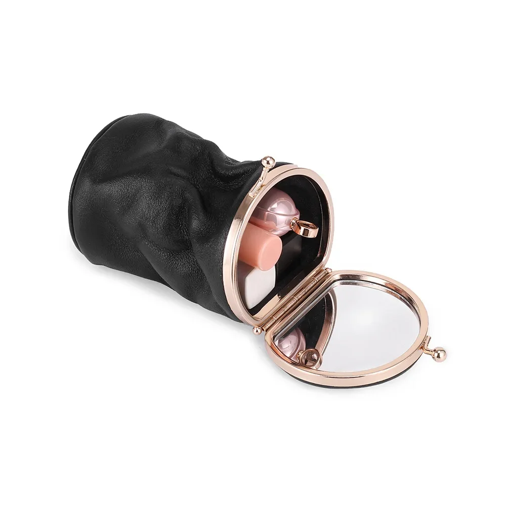Oil Wax Leather Mini Portable Makeup Bag with Mirror Lipstick Organizer Genuine Leather Vintage Compact Storage Pouch Coin Purse