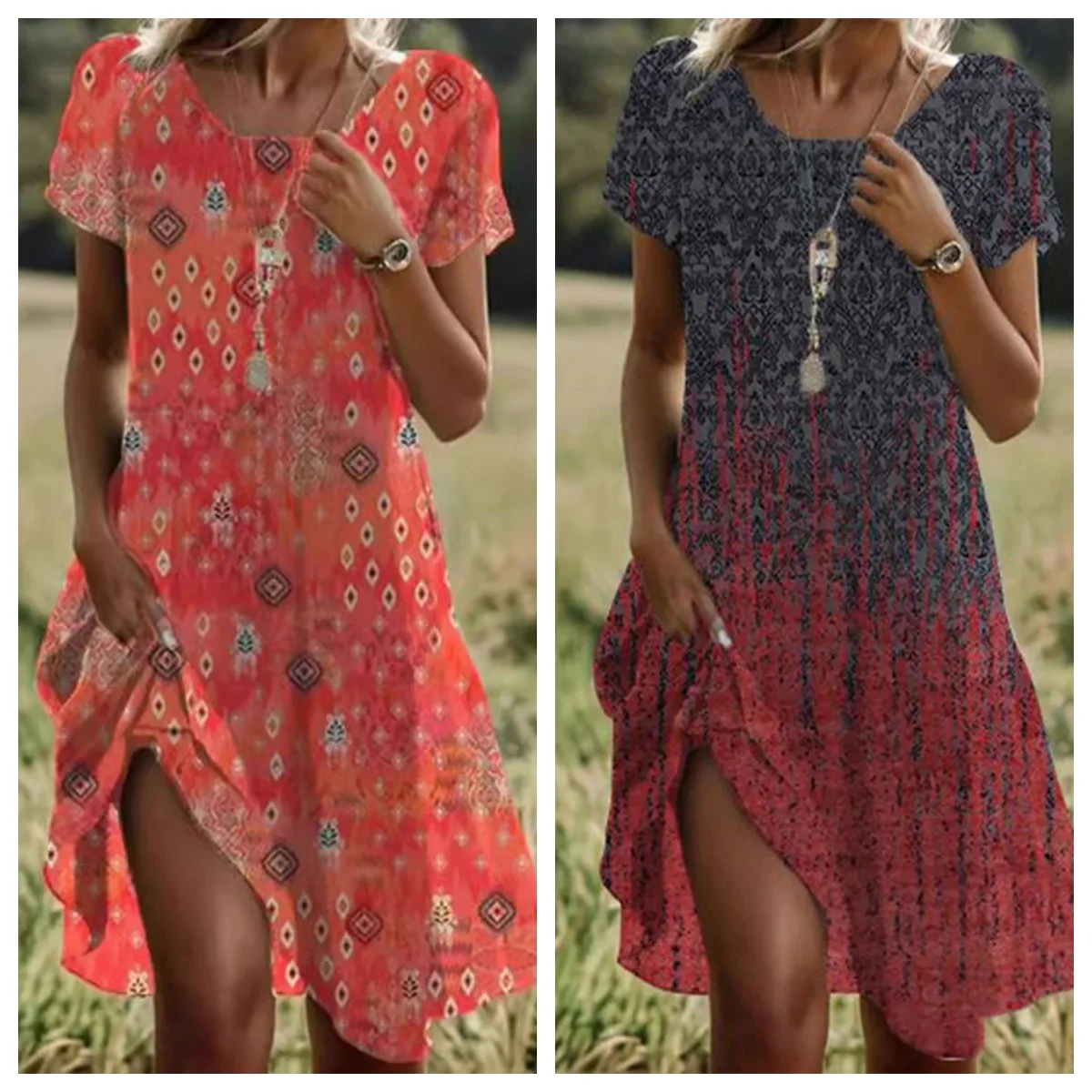 Letnie sukienki w stylu boho dla kobiet, dekolt w serek, z krótkim rękawem, nadruk w kwiaty, plaża, wakacyjna sukienka, damskie sukienki Maxi Boho