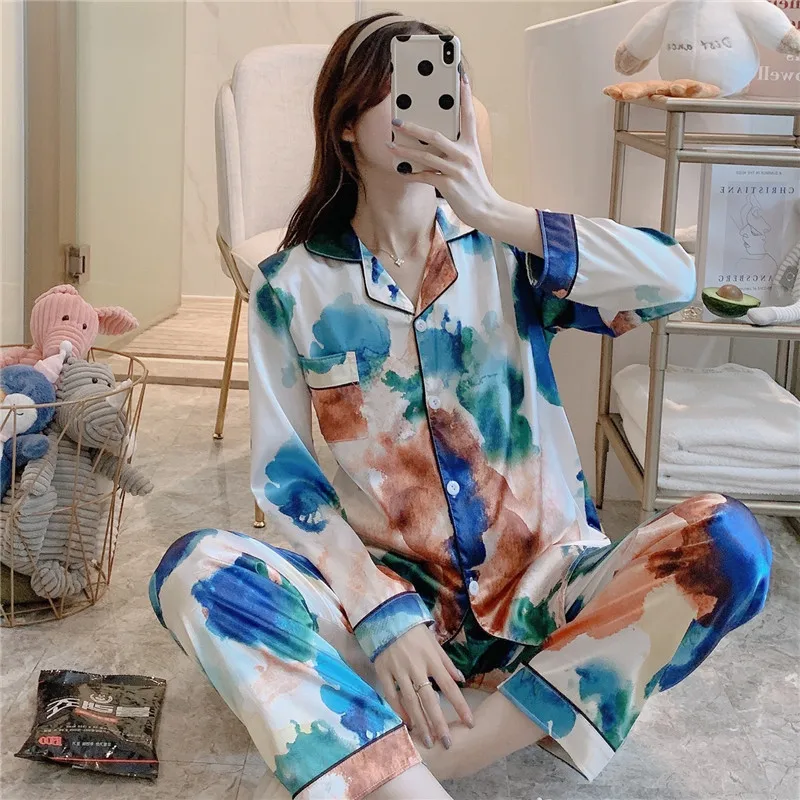 

2Pcs Silk-like Pajama Sets Women 2022 Spring Long Sleeve Tie Dye Turn-down Collar Top Long Pants Suits Homewear Set Pyjamas Set