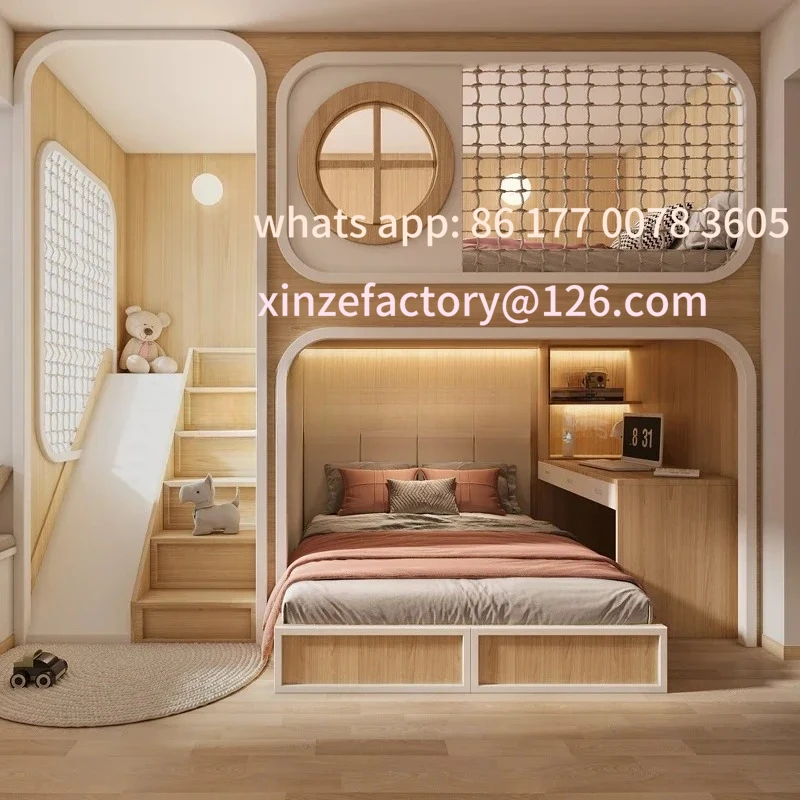 

Customizable Custom Duplex 2nd Floor Castle Tree House Bed Staggered Bunk Kids Slide Upper Lower Desk Cabinet