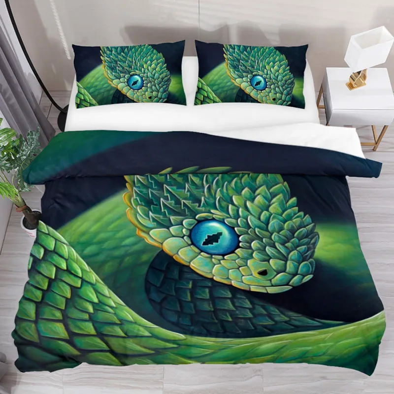 Full Size 3D Snake Bed Sheet Set – Green Reptile Print For Kids, Boys, Teens (4-Piece, Polyester)