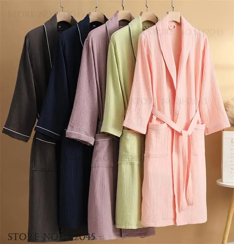 100% Cotton Couple Robe Sleepwear Skin Friendly Breathable Cotton Gauze Bathrobe Kimono Gown Loose Casual Home Dress Loungewear