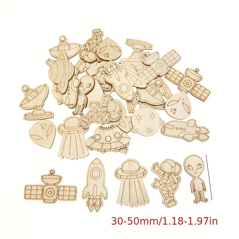25pcs random Space Theme Unfinished Blank Wooden Slices Astronaut Spacecraft Satellite Planet Crafts to Paint Wood Cutouts