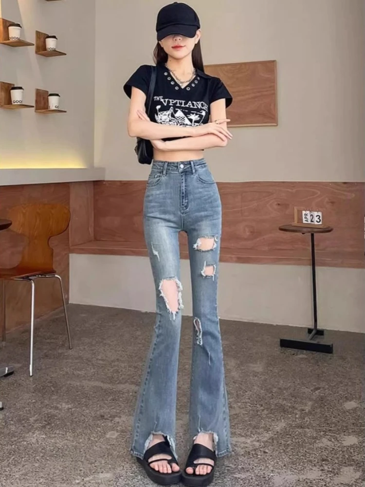 2026 Summer Thin High Waist Flared Trousers Women Light Wash Micro Bootcut Slim Fit Petite Ripped Horsehoof Hem Jeans