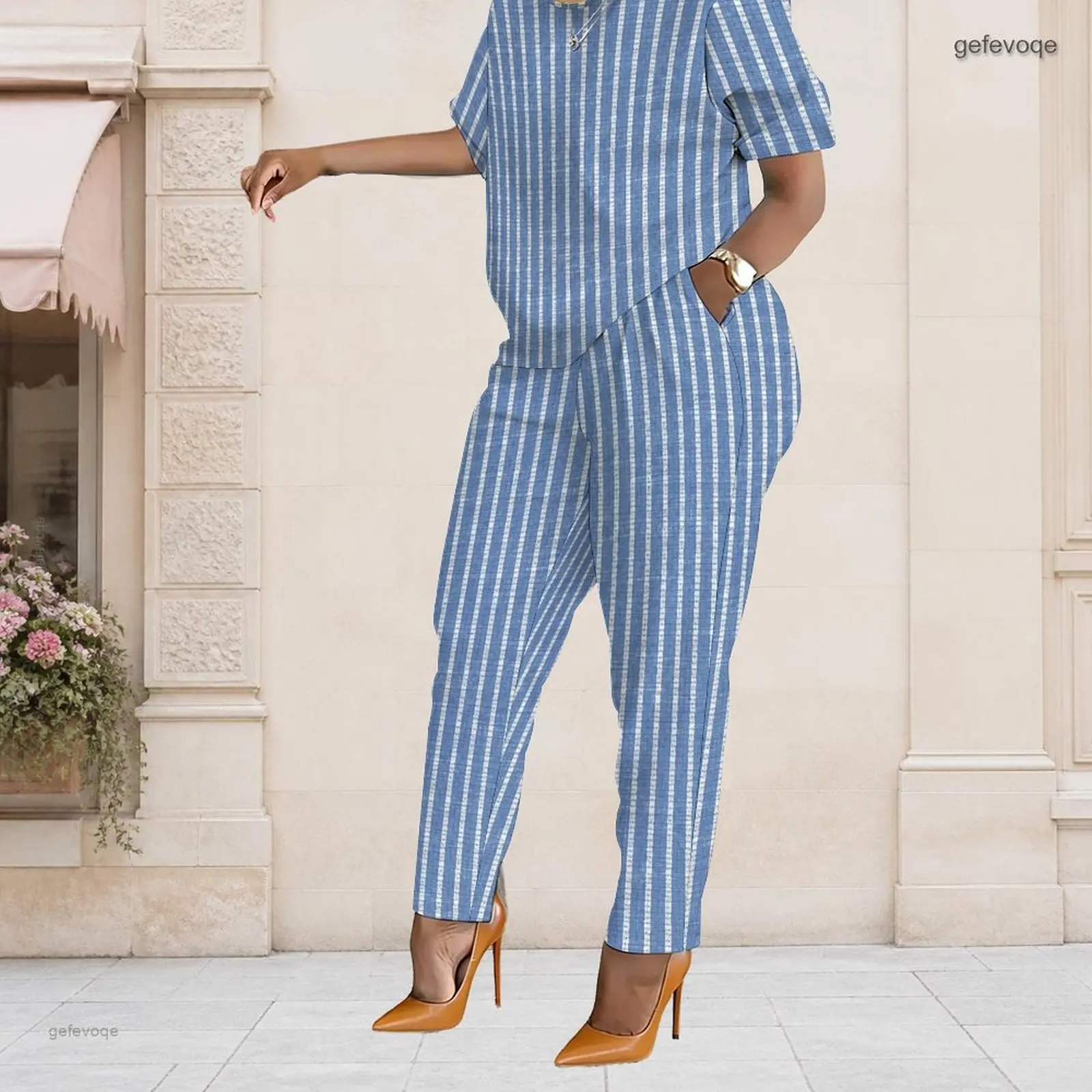 Summer Striped Plus Size Sets Women O Neck Fresh Casual Plus Size Clothes Womens Clothing Daily Leisure Wear