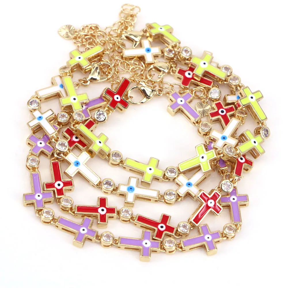 5PCS, Colorful Enamel Cross Greek Evil Eye & Cross Charms Chain Bracelet, Good Luck and Protection Jewelry