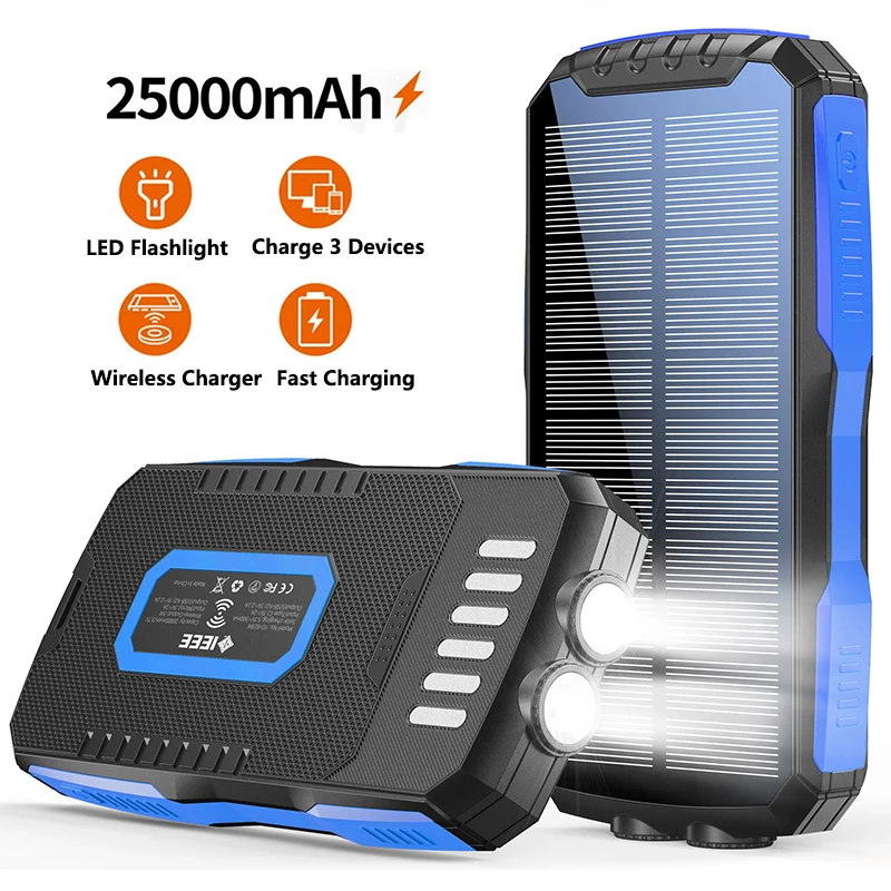 

25000mAh Solar Power Bank Wireless Charger Powerbank for iPhone 15 14 Samsung S24 S23 Huawei Xiaomi Poverbank with Camping Light