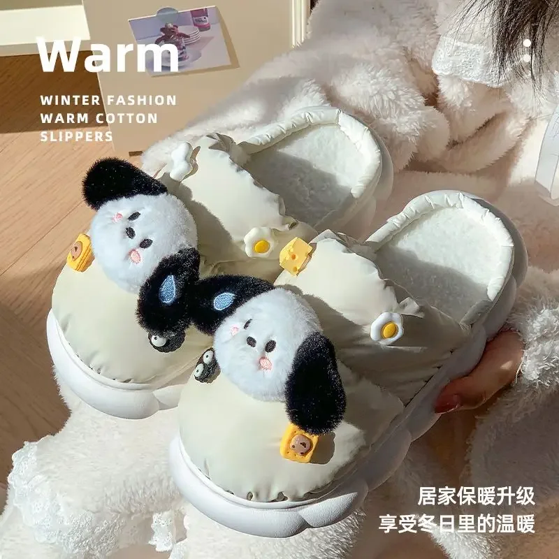 

Cute Cartoon Pochacco Down Cloth Slippery Cotton Slippers Sanrio Women's Waterproof Anti-Slip Warm Indoor Thick Soled Outerwear