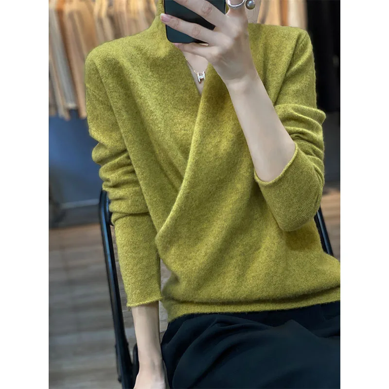 Autumn And Winter New Women\'s Big V-Neck Kimono Pure Wool Knitted Pullover Retro Fashion Loose Trendy Korean Version Rolled Top