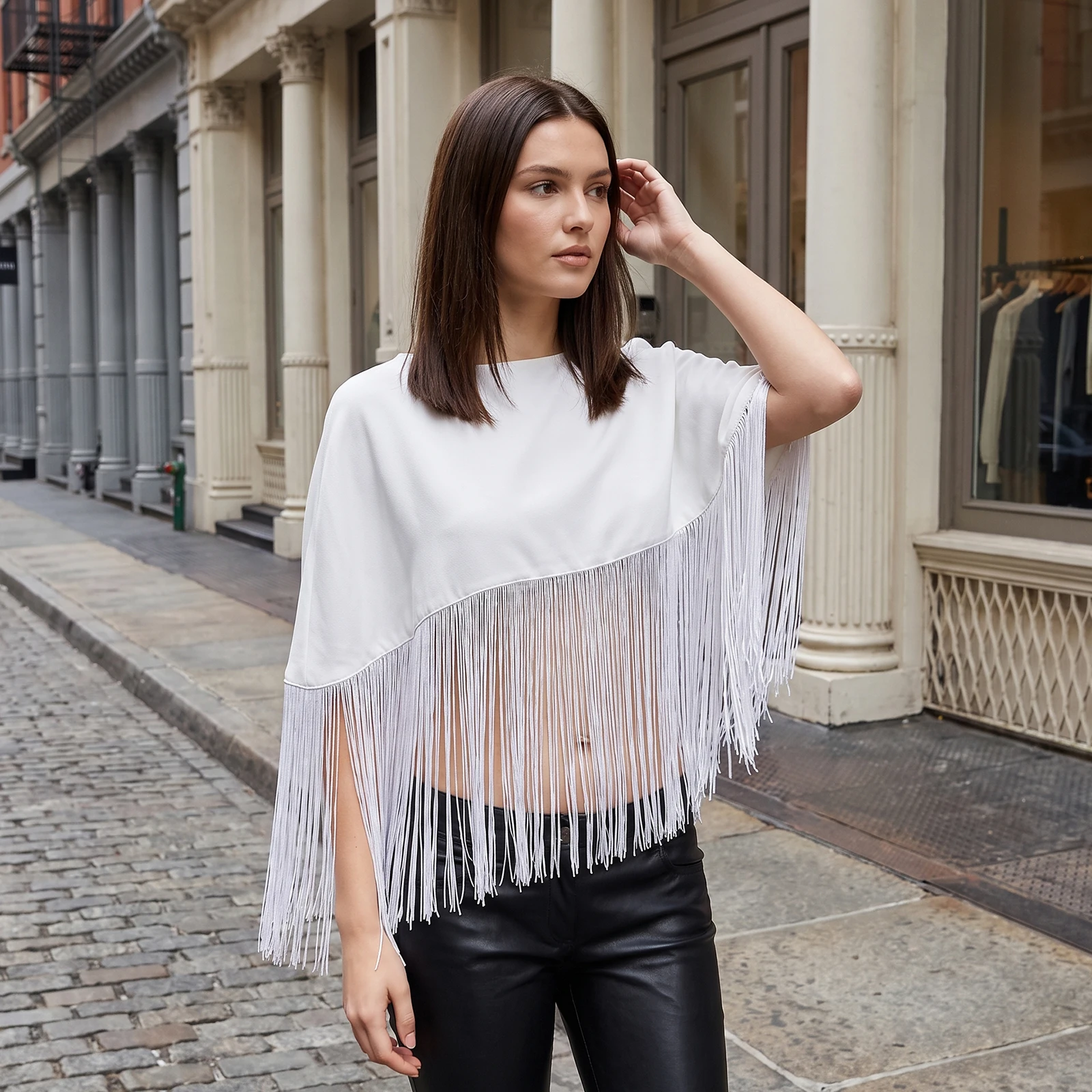 Women's Fall Solid Color Cape Tops Crew Neck Tassel Trim Loose Fit Shawl
