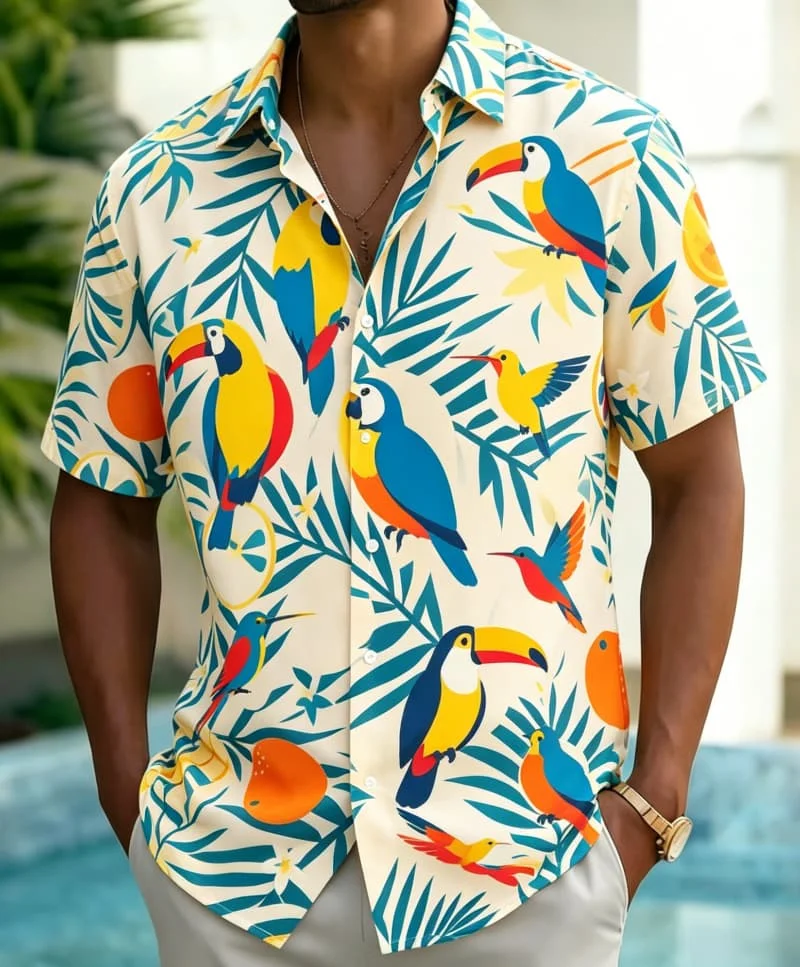 Men's vintage multi tropical themed printed Hawaiian shirt, for summer vacations, beach parties, daily dressing&music events