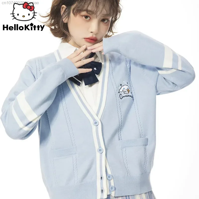 New Sanrio Hello Kitty Kawaii Cardigan Y2k Oversize Sweater Woman Winter Outerwear Knit Coat Long Sleeves Cute Plus Size Tops