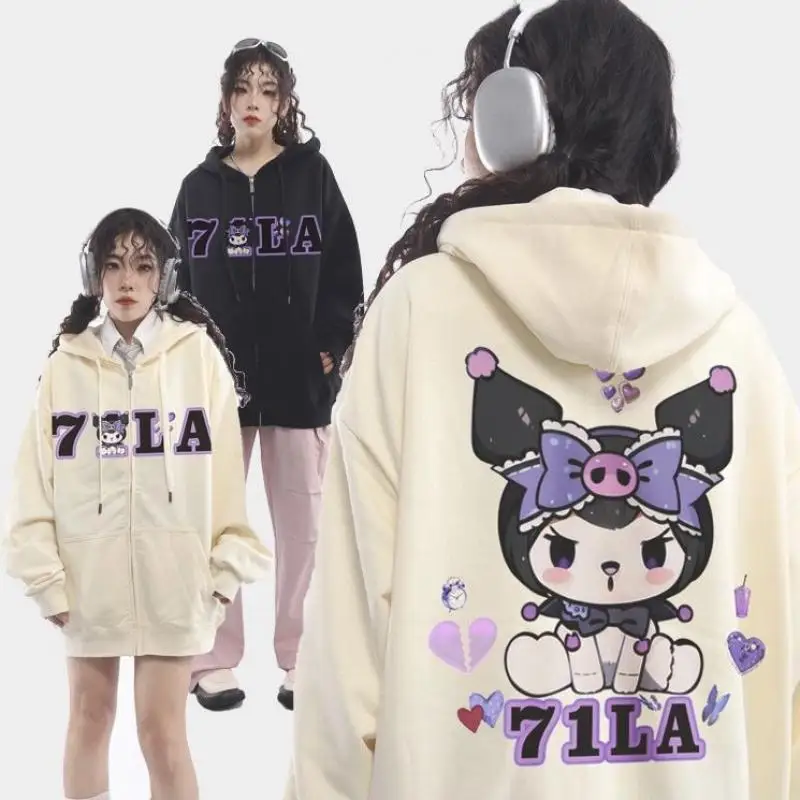 100% Cotton American Style Kuromi Hooded Sweater Women Clothes Y2K Anime Cartoon Couple Trend Fashion Zip Sweatshirt Coat Tops