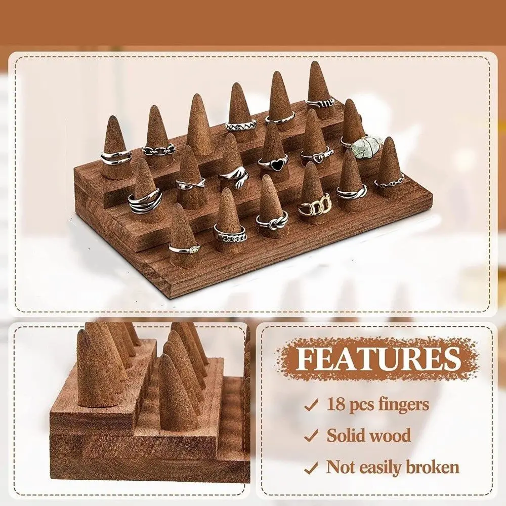 12 /18 Fingers Wooden Finger Ring Display Stand 2/3 Tiers Cone Shape Jewelry Ring Display Holder Wooden Storage Rack