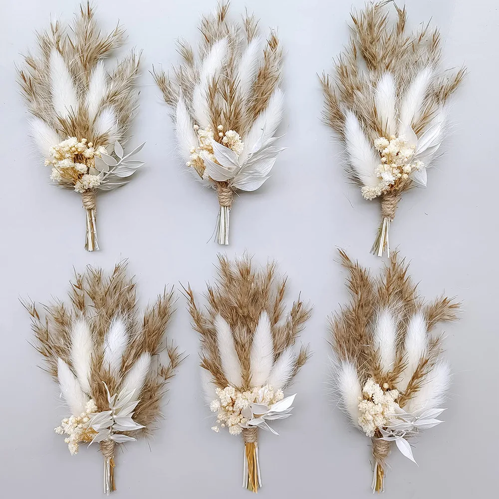 

6PCS Boho Dry Flower Bouquet,Cake Toppers Various Natural Dried Pampas Grass Cake Decor Bunny Tails Grass for Boho Home Wedding