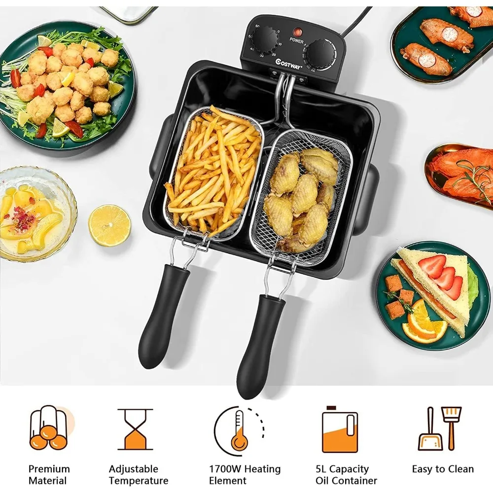 Friggitrice elettrica 5.3QT con 3 cestini, friggitrici in acciaio inossidabile da 5 litri con Timer 60 e coperchio con finestra di visualizzazione, friggitrice ad olio