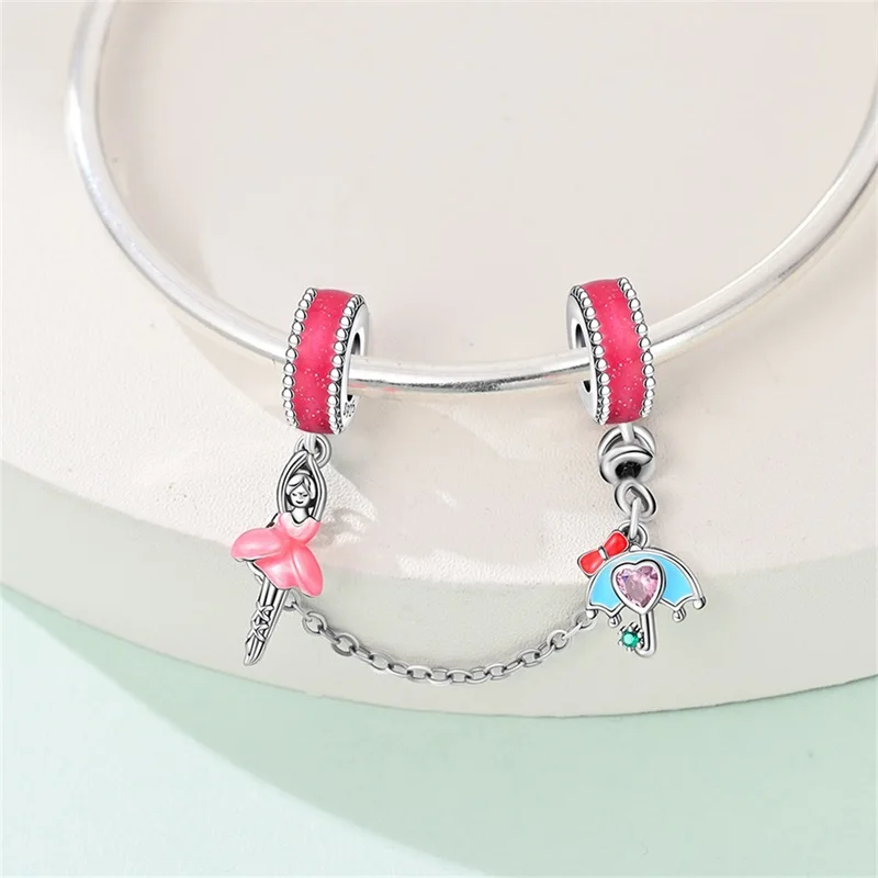 

New 925 Sterling Silver Little Girl Umbrella Safety Chain For Women Fit 3mm Original Bracelet Jewelry Birthday Anniversary Gifts