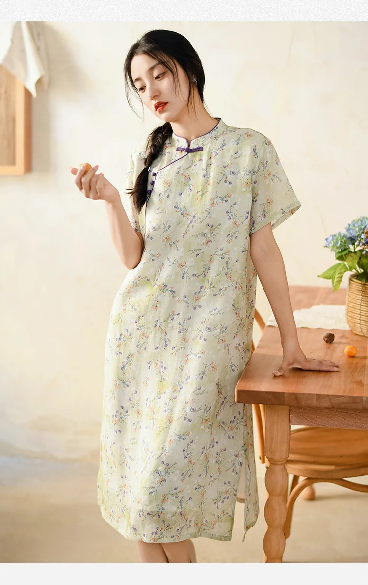 Ramie Floral Dress Chinese Style Short Sleeve Modern Qi Pao Tea Dresses Vintage