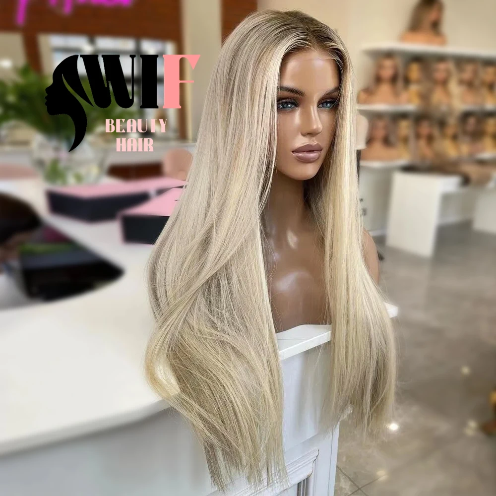 WIF Body Wavy Ombre Blonde Synthetic Lace Wig Long Wavy Natural Hairline Black Root Ash Blonde Lace Front Wigs Makeup Use Hair