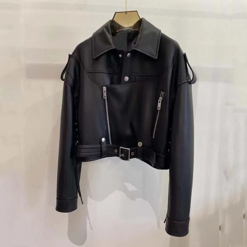 New Fashion 2023 Women Coat Spring Short Length Moto & Biker Style Turn-Down Collar Genuine Leather Jacket With Belt Long Sleeve