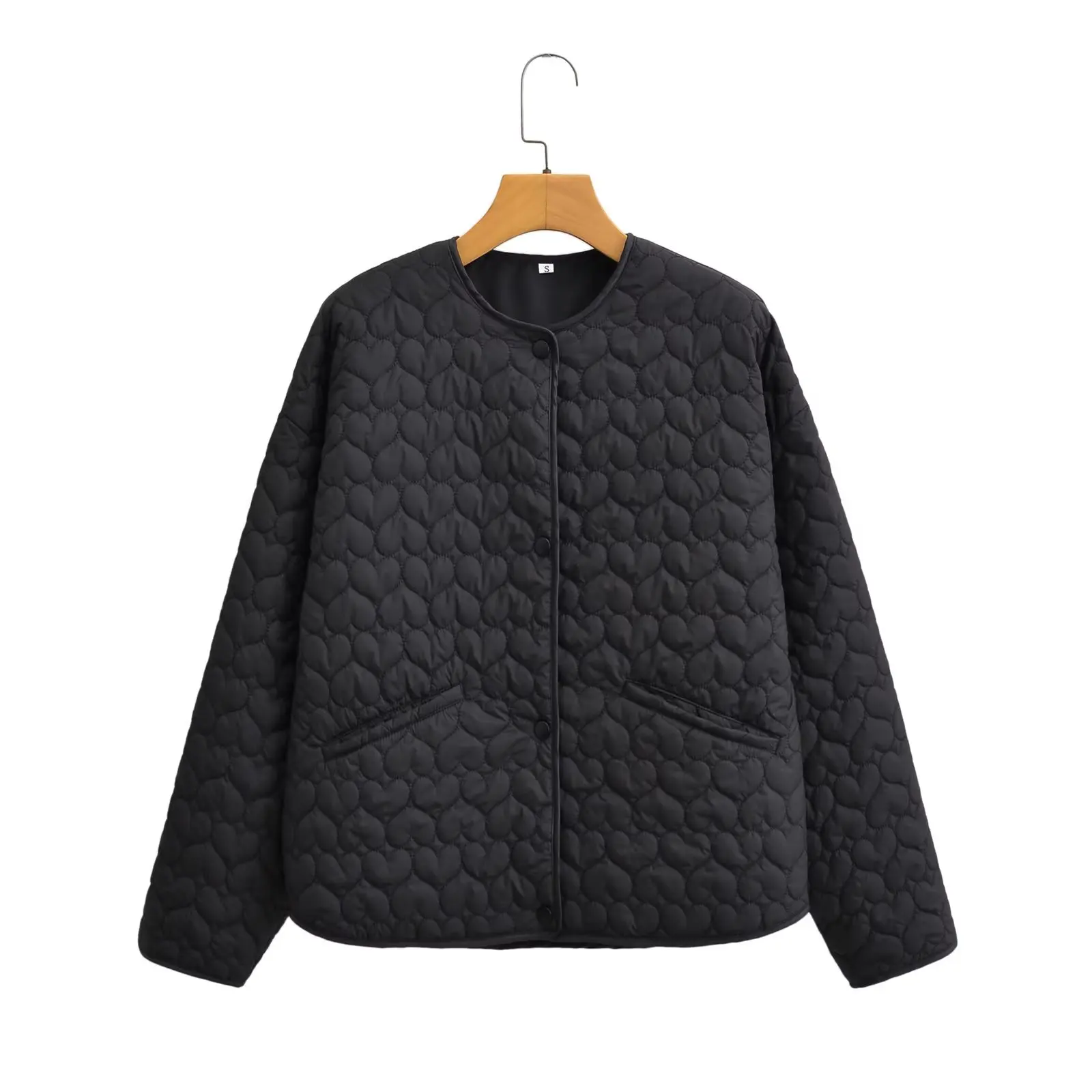 Autumn Winter IvoryWhite Embossing Heart Quilted Coat CHIC Women Front Pocket Thin Quilting Full Sleeve Loose Warm Jacket Black