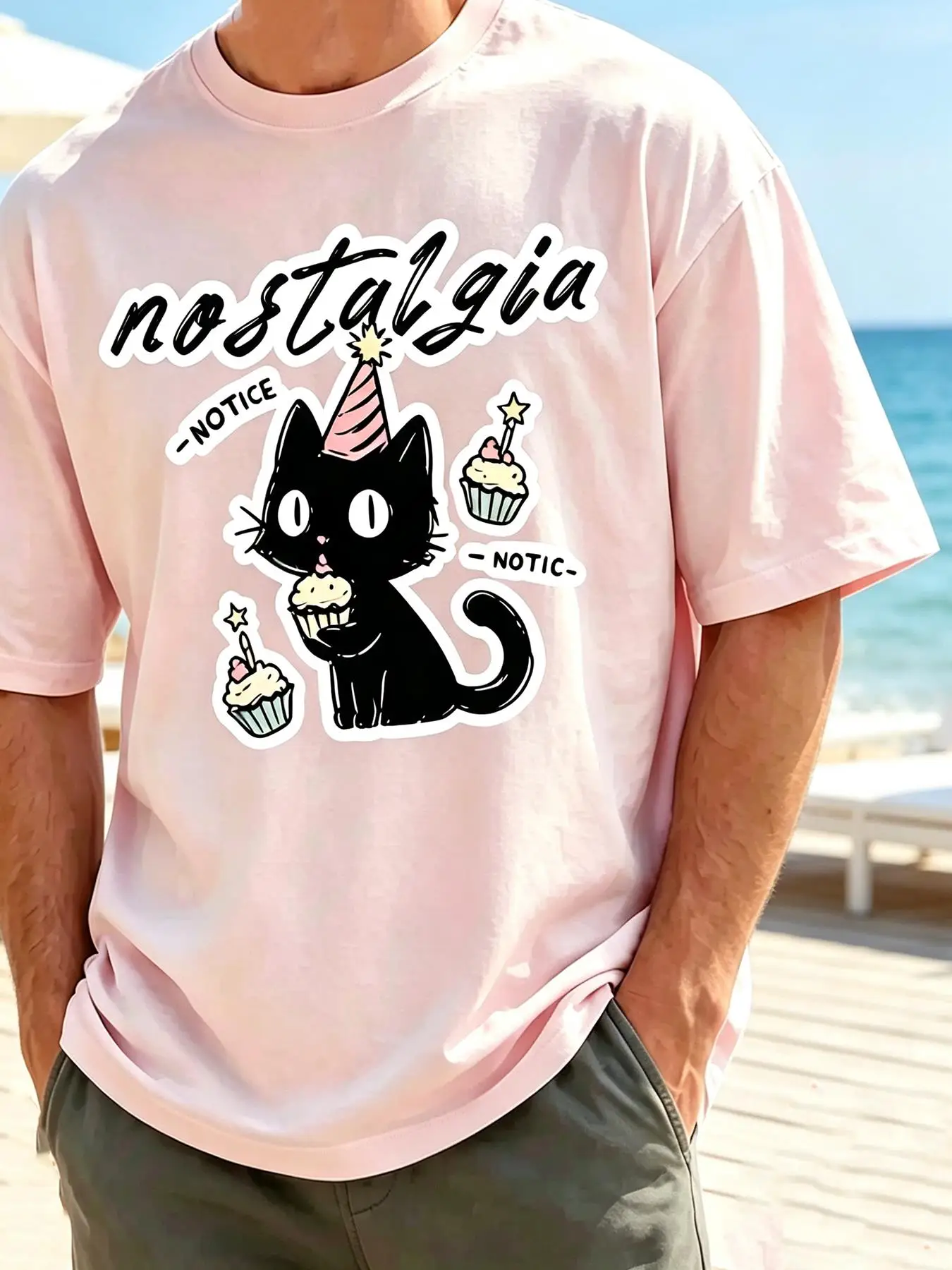 Nostalgia Cupcakes Cat With Party Hat Printing Men'S T Shirts Summer Cotton Short Sleeves Crewneck Loose Sportswear Soft Tops