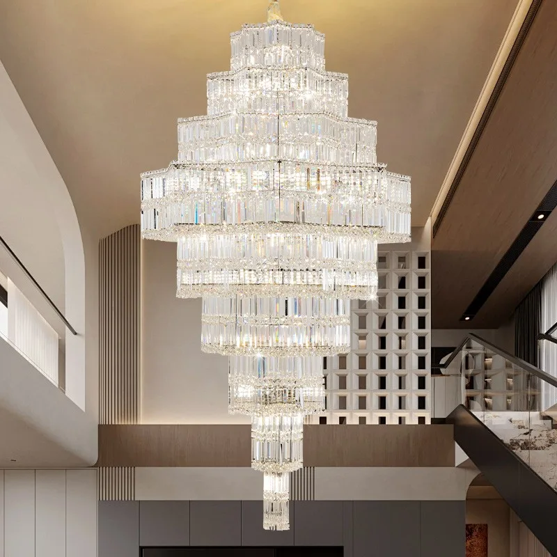 Duplex building, living room, large chandelier, hollow and high modern headlights, light luxury jumping floor
