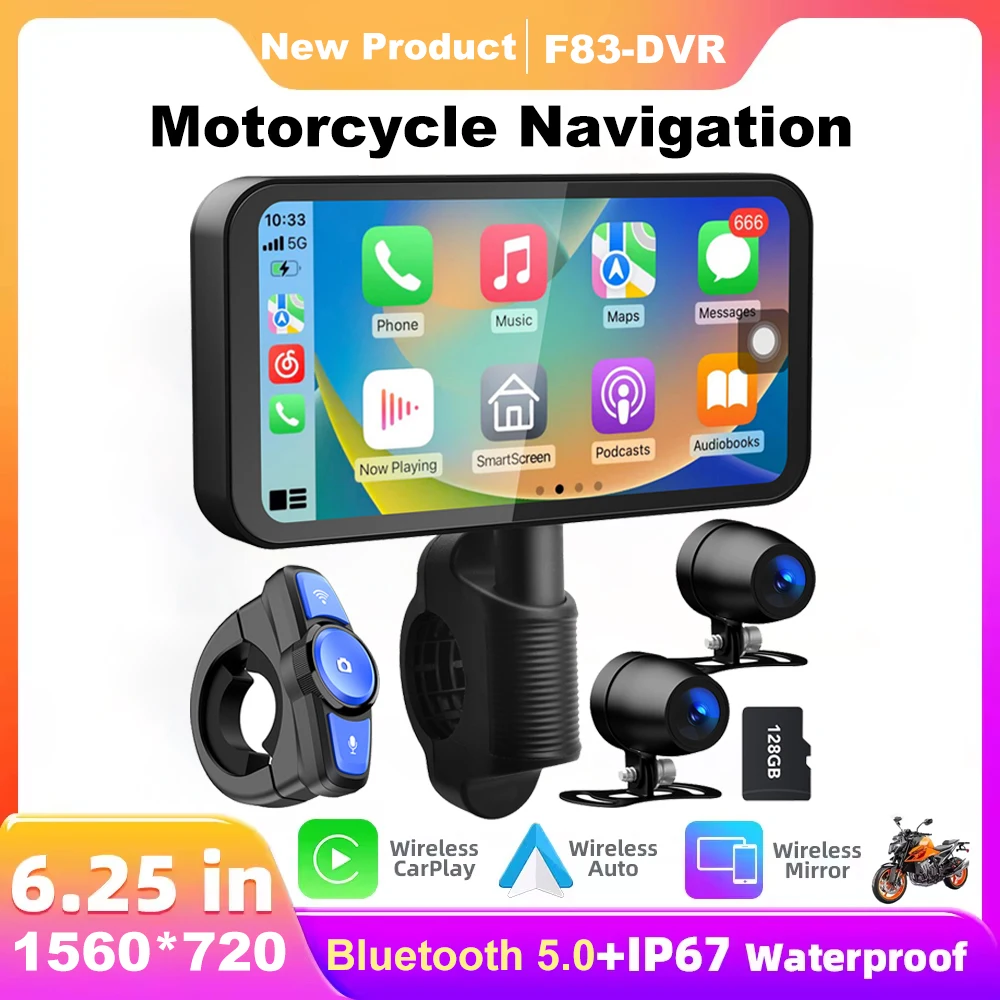Portable 6.25 inch IP67 Waterproof Motorcycle GPS Navigation Wireless Carplay Android Auto DVR Drive Recorder Moto Monitor WIFI