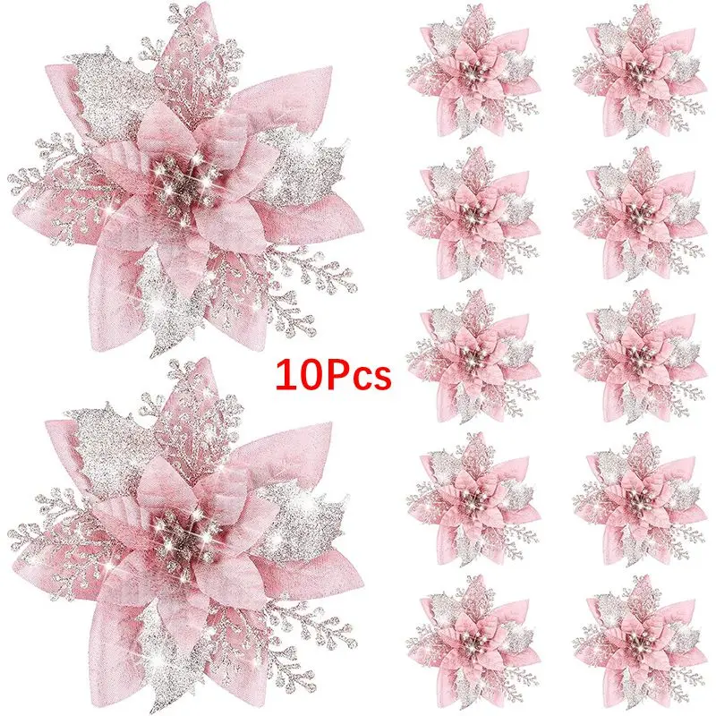 10Pcs 14.5cm Glitter Artifical Christmas Flowers Mreey Christmas Tree Home Decoration Happy New Year Ornaments Xmas 2026 Navidad