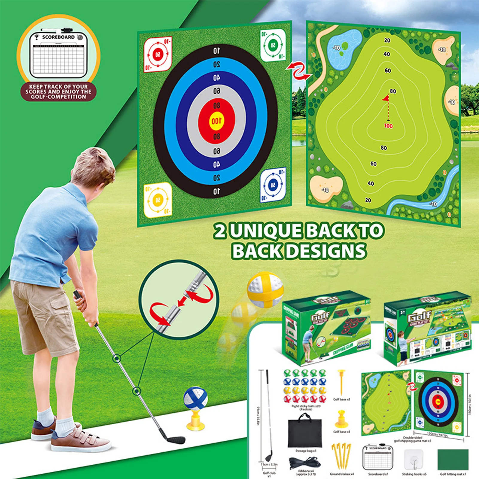 

Игровой коврик для гольфа с двумя сторонами для игры в чиппинг, для использования в помещении и на улице, с регулируемой клюшкой и нескользящей рукояткой для тренировок