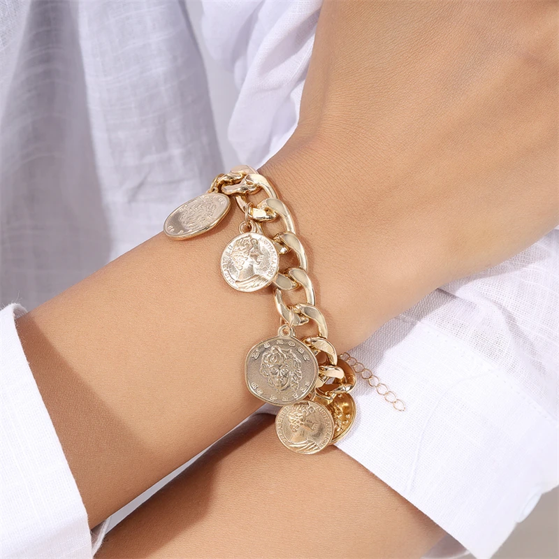 Punk Runde Münze Anhänger Armband für Frauen Männer Gold Farbe Zink-legierung Armband Mädchen Party Festival Geschenke DIY Schmuck Decora – Detail 2