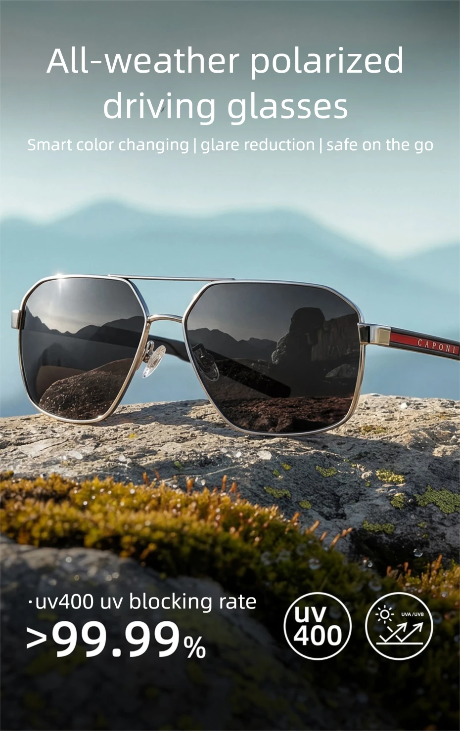 CAPONI HD Polarisierte Männer Sonnenbrille Original Design Hohe Qualität Photochrome Schwarz Sonnenbrille Outdoor Fahrer UV400 Schatten BS23818 – Detail 2