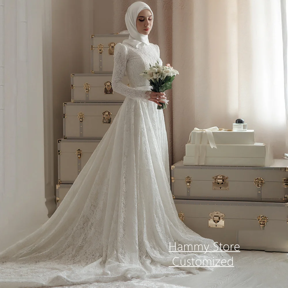 Wunderschönes Spitzen-Brautkleid Vestido De Noiva, maßgeschneidert, hoher Kragen, lange Ärmel, Hofschleppe, A-Linie, arabisches Brautkleid