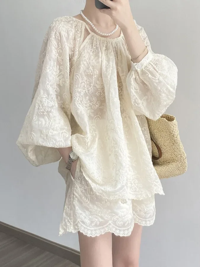 2026 New High-End Women's Summer Sun Protection irt Loose Top Five-Quarter Pants Embroidered Lyocell Set Casual Sle Loose Fit