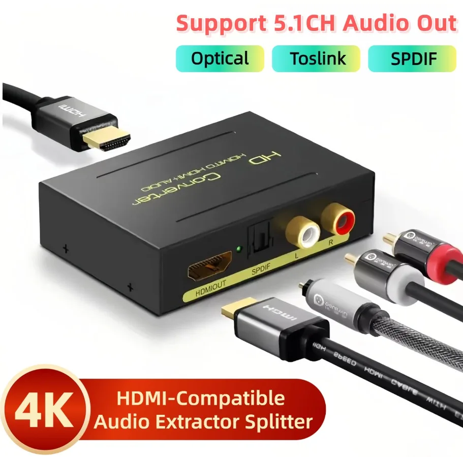 4K HDMI-Compatible Audio Extractor 5.1CH Audio Out HD to Optical Toslink SPDIF Stereo Converter RCA L/R Audio Splitter Adapter