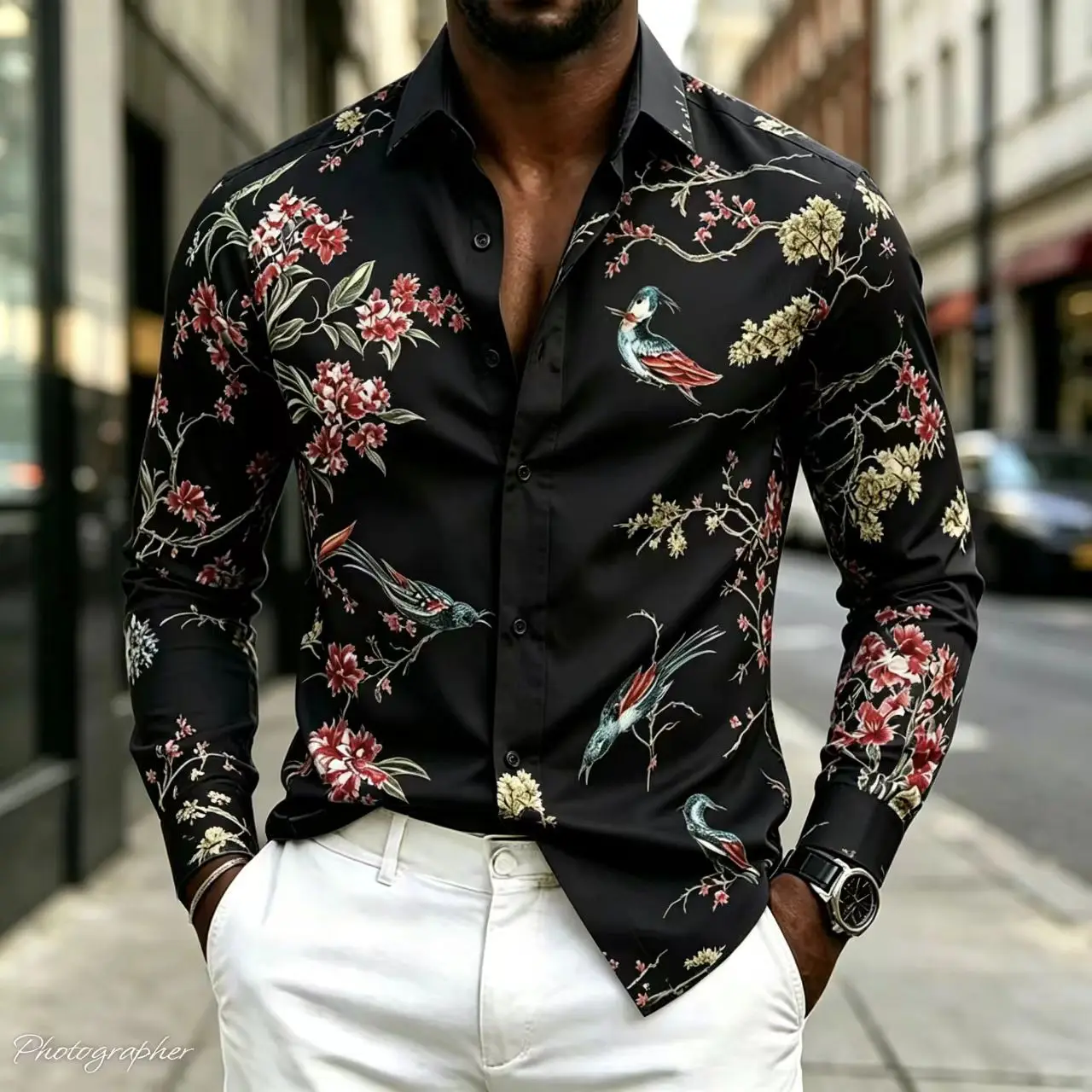 2026 New Men's Shirt Collar Long Sleeved Printed Shirt Street Style Elegant Men's Casual Fashion Top, Comfortable, 17 Colors