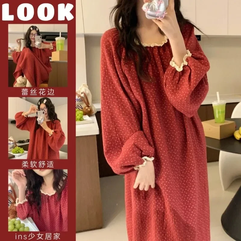 Woman Spring Autumn Pajamas Lady Girl Loungewear Lace Collar Sweet Long-sleeve Pajamas Floral Loungewear Ladies Nightgown Women