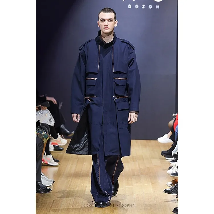 XS-6XL novo 2026 roupas femininas masculinas caminhada mostrar cabeleireiro mostrar zíper design longo trench coat plus size costomes