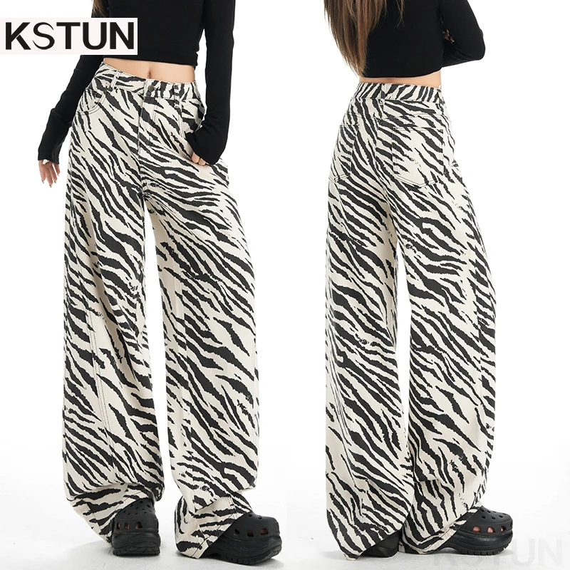 

KSTUN 2026 Women's Wide Leg Jeans High Waist Vintage Elegance Zebra Stripes Printed Straight-Leg Pants Floor Length Trousers