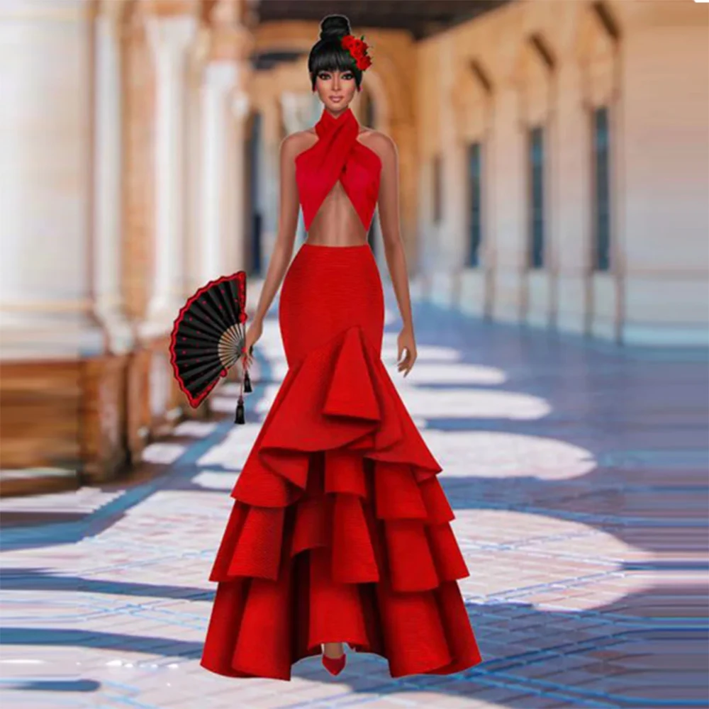 

Red Tiered Mermaid Long Skirts Women Wedding Party Formal Wear Lady High Waist Satin Skirt Custom Made Color Size Skirts