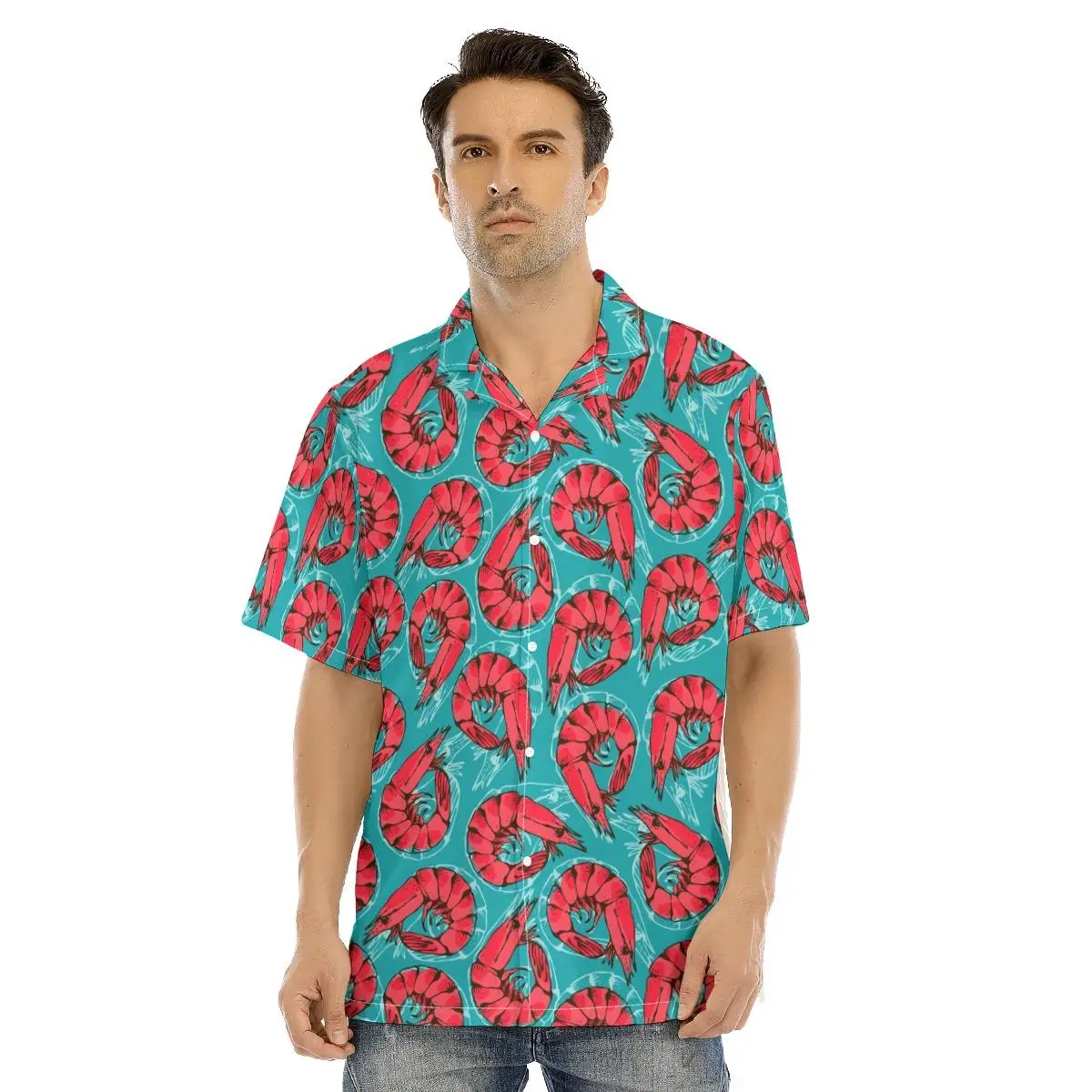 

Men's Hawaiian Shirt Cool Shrimps Print Beach Short Sleeve Summer Casual Button Up Patchwork Tops 3D Shirts