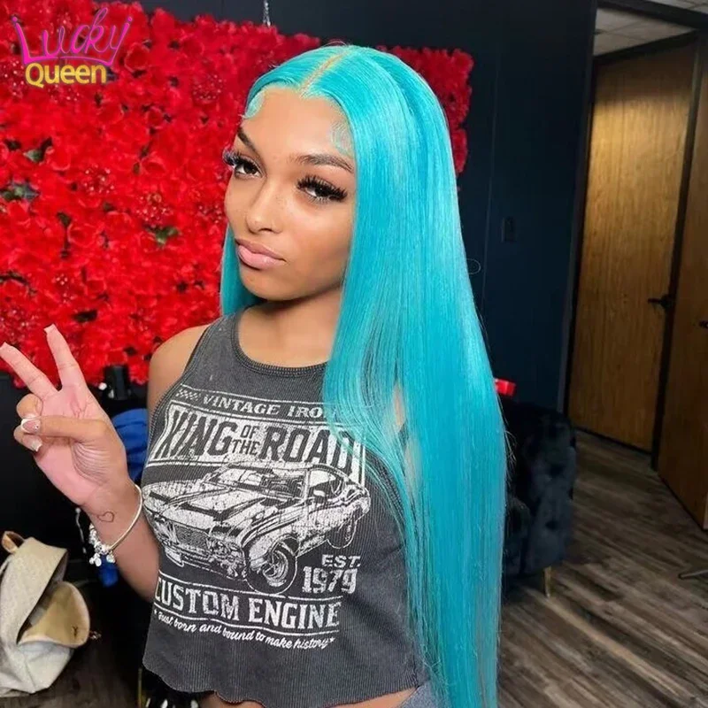 Sky Blue Straight 13X6 Frontal Wig Pre Plucked 613 Blonde Color Transparent Lace Front 13X4 Frontal Human Hair Wig For Women