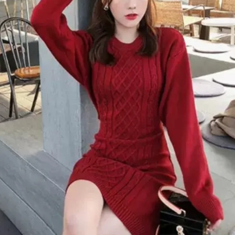 

Women's Autumn Winter Korean New Round Neck Pullover Knitted Dress Fashion Sexy Off the Waist Elegant Long Sleeved A-line Dress