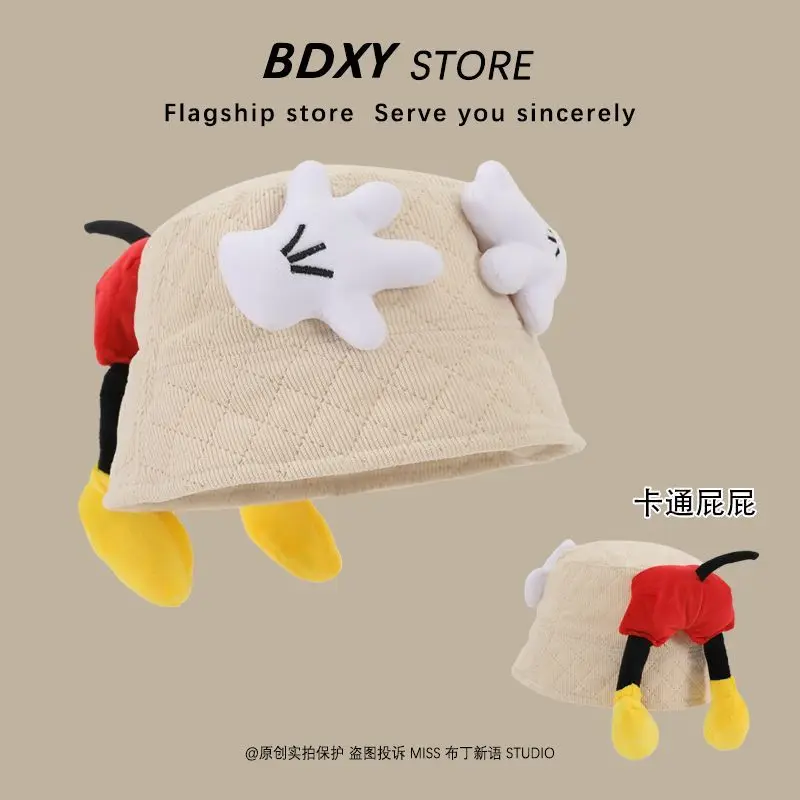 Disney mickey dos desenhos animados bonito estudante palma bunda balde chapéu criativo personalizado bebê outono e inverno quente pescador chapéu presente