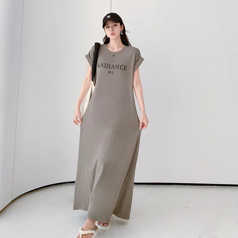 Women's Loose plus Size Short Sleeve Letter Print Dress Casual Round Neck T-Shirt Style Summer Lady's Long Dress Robe