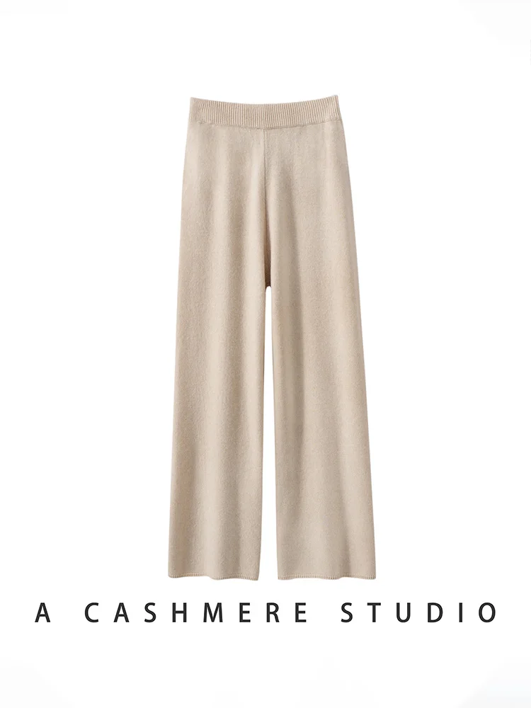 

ANGLE High Quality Women 100% Cashmere Pants High Waist Wide Leg Pants Casual Simple Autumn Winter Thick Cashmere Knit Trousers